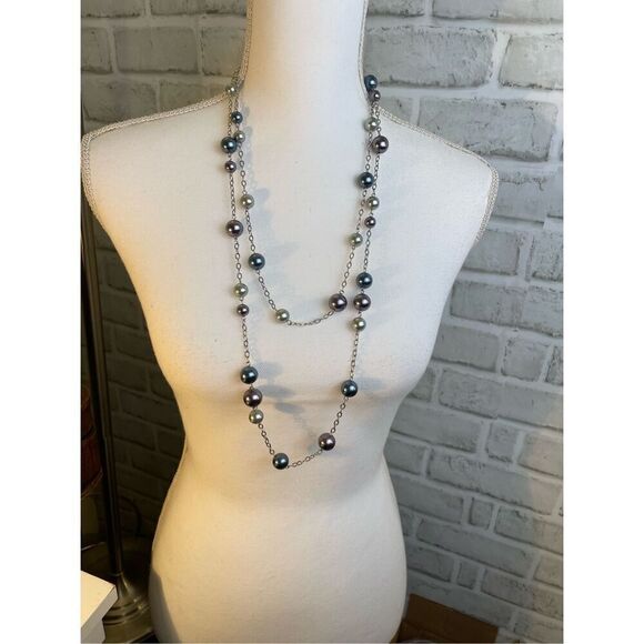 Lia Sophia "Pearl Jam" Double Strands Silver Tone Pearl Long Necklace Trendy - Picture 9 of 9